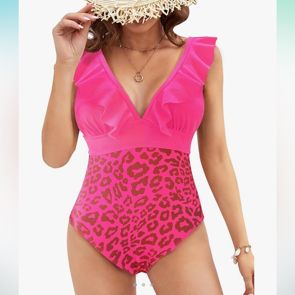 Ruffled V-Neck One-Piece Swimsuit in Hot Pink Leopard